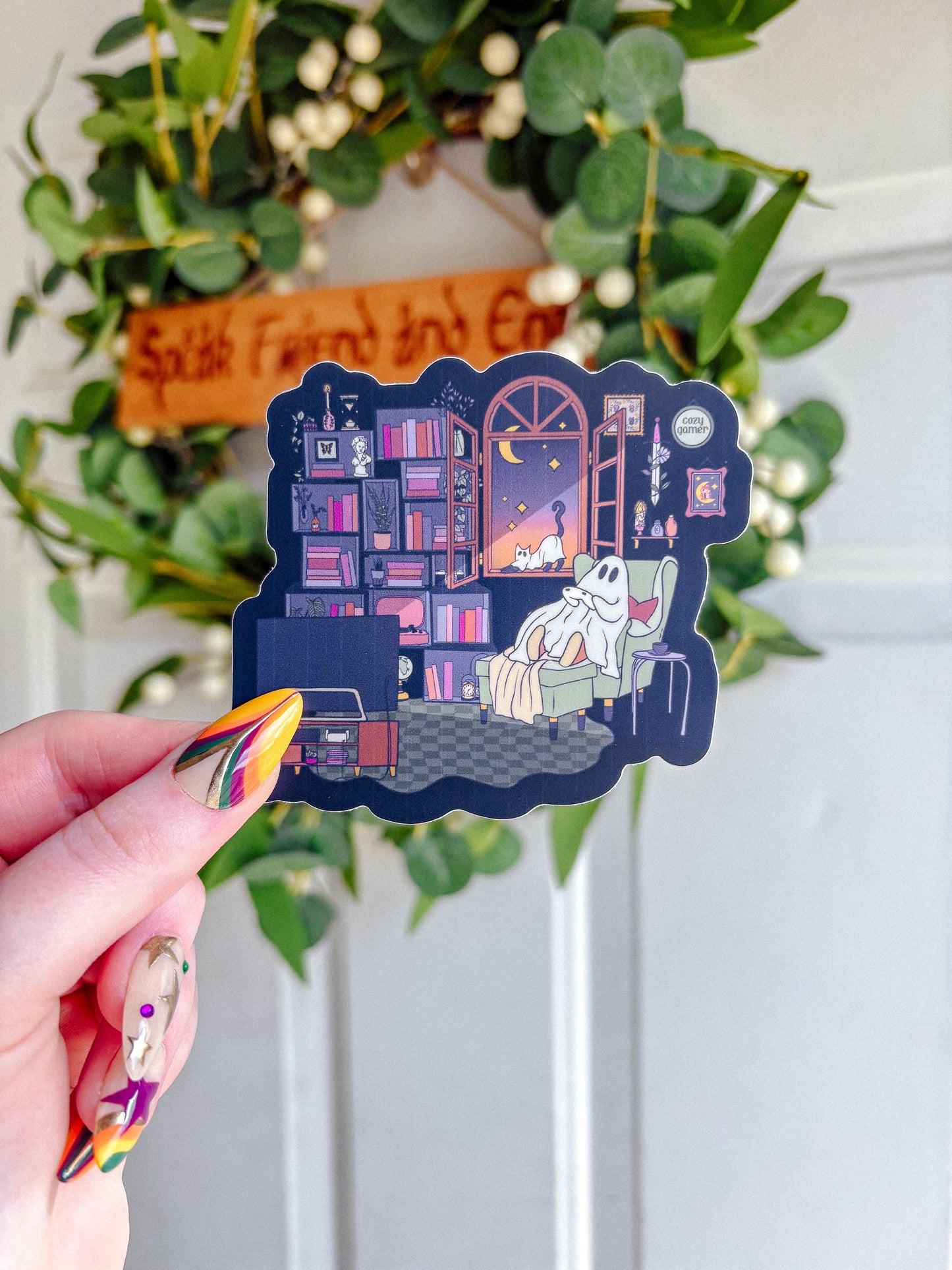 Cozy Gaming Ghost Library Sticker B Grade-LineStreaks