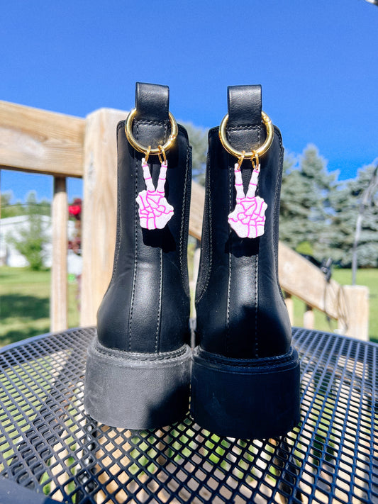 Skeleton Hands Peace Sign Pink Glitter Boot Charms