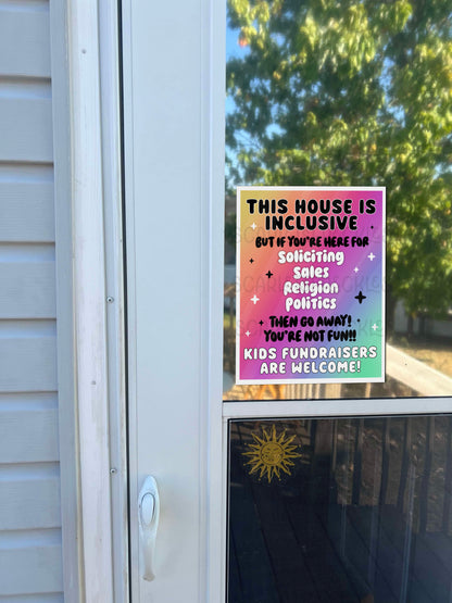 No Soliciting Sales Religion | Fundraisers Welcome Window Cling | Inclusive House