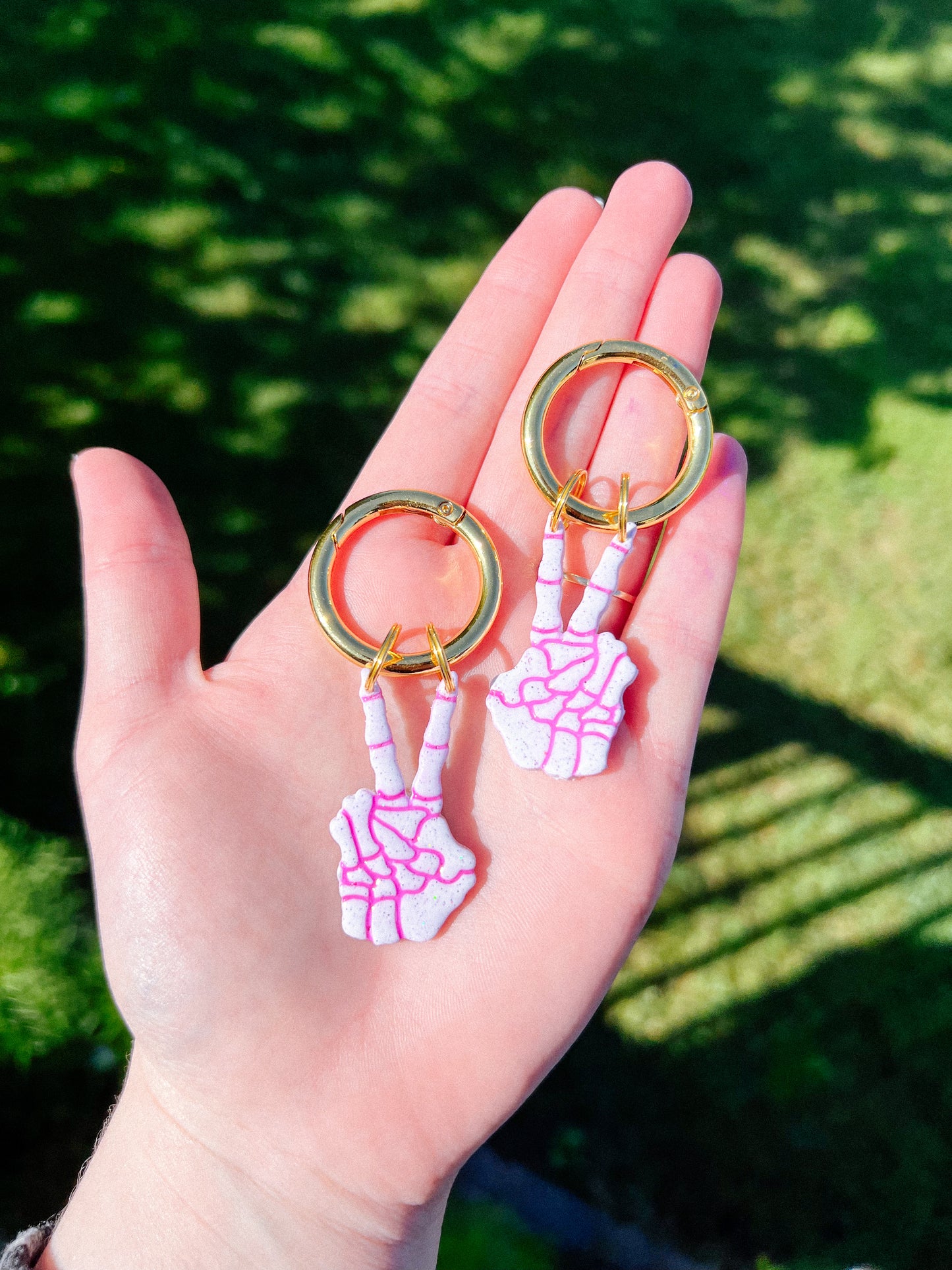 Skeleton Hands Peace Sign Pink Glitter Boot Charms