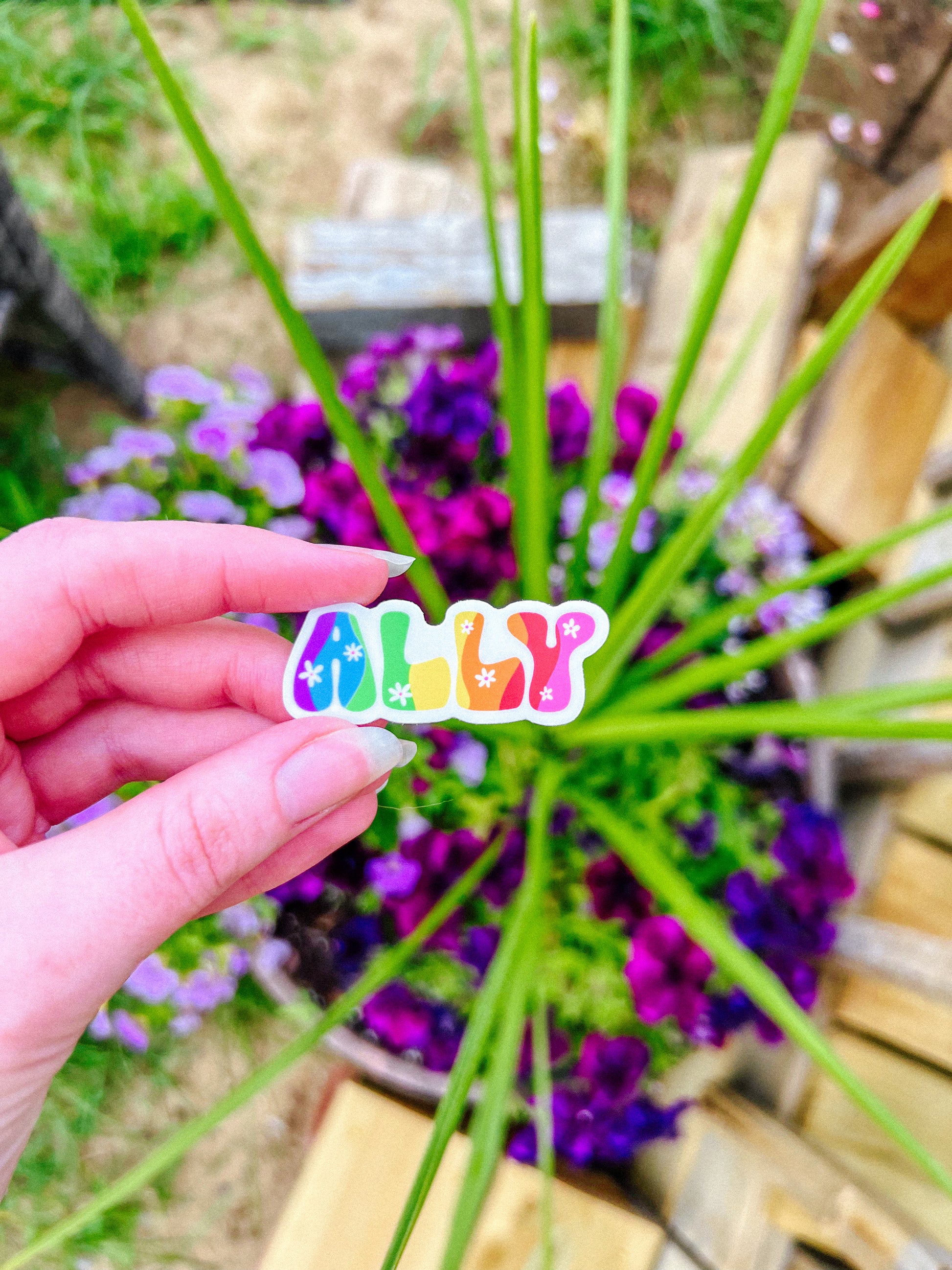 Wavy rainbow over the words "ALLY" in a retro font with little retro white flowers